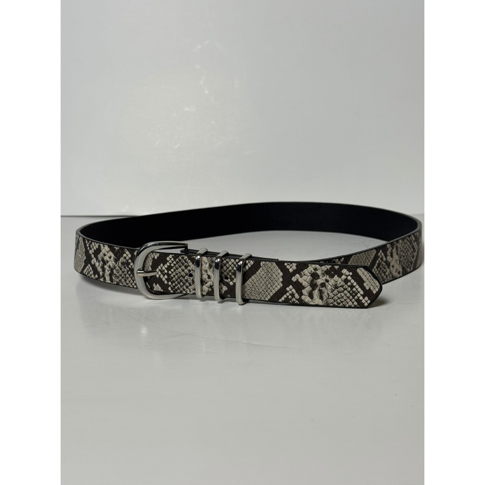 Grey Faux Snakeskin Animal Print Belt Silver Buckle Triple Keepers